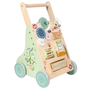 Wooden baby walker multi-functional educational toddler push toy with activity center gear bead clock.