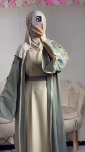 Elegant women long abaya robe featuring stylish bow sleeve details and matching cardigan coat.