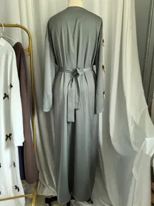 Grey long robe cardigan for women, elegant loose design with waist tie and bow accents.