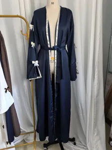 Women satin long robe cardigan casual navy blue sleepwear loungewear elegant outerwear