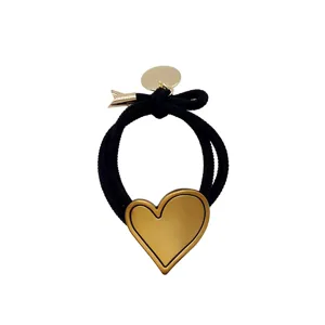 Black hair tie with gold heart charm elastic ponytail holder cute hair accessories for women
