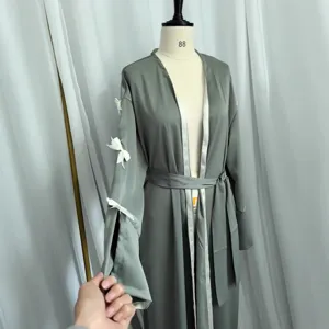 Women Grey Open Front Long Robe Elegant Bow Decorated Cardigan Casual Maxi Outerwear