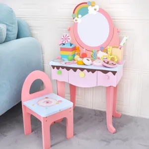 Ensemble de Jouets de Coiffeuse Arc-en-ciel en Bois pour Enfants Table de Maquillage de Princesse avec Miroir et Tabouret