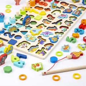 Houten educatief multifunctioneel puzzelbord met cijfers, dieren en vissen speelgoed.
