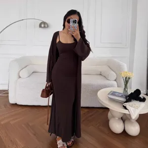 Γυναικείο Μόδας Casual Φόρεμα με Τιράντες και Μακρύ Παλτό Cardigan Matching Set Μονόχρωμο Μακρύ Μανίκι