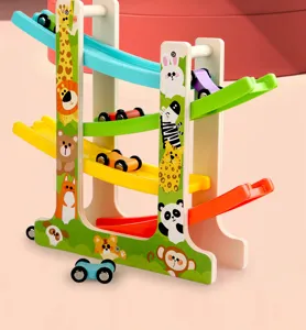 Wooden ramp racer toy detail view with colorful sliding tracks and cute animal illustrations.