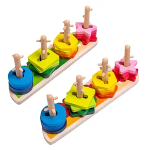 Hölzernes Form-Sortier-Puzzle-Spielzeug für Kleinkinder, bunte geometrische Lernblöcke.