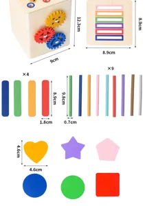 Montessori Holz Form Farbe Sortierspielzeug Detailansicht mit Maßangaben für Kleinkinder.