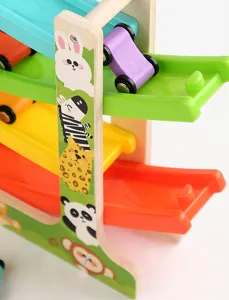 Wooden toddler ramp racer toy detail showing colorful tracks and cute animal side printing.