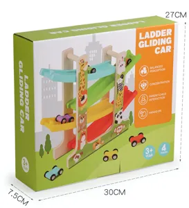 Wooden children's gliding track car toy set with multi-layer sliding design for early learning.