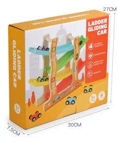 Wooden ladder gliding car toy packaging box with four tracks for kids education and fun play.