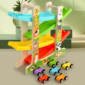 Wooden toddler ramp race track toy with multiple colorful sliding cars for early education.