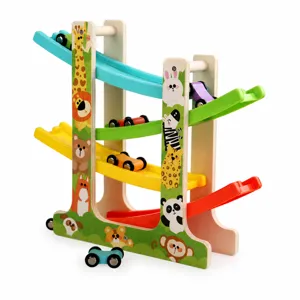 Wooden ramp racer toy with colorful sliding tracks and cute animal designs for early learning.