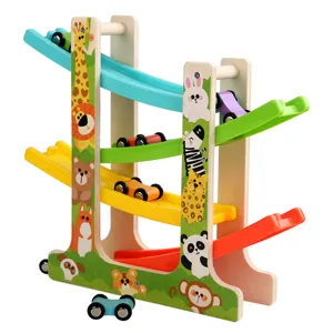 Wooden ramp race track toy for toddlers with colorful sliding cars and animal designs.