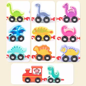 Ensemble de train de dinosaure magnétique en bois, wagons de dessins animés pour enfants.