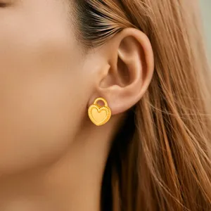 Gold heart lock earrings for women titanium steel stylish minimalist daily wear jewelry
