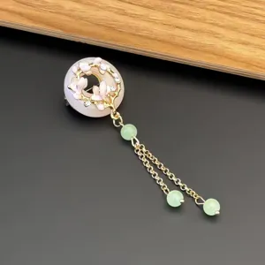 Chinese style vintage brooch pleat clip safety buckle green jadeite bead tassel accessory detail