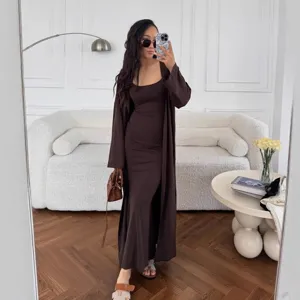 Γυναικεία κομψή φθινοπωρινή μόδα casual φόρεμα με μακριά ζακέτα σετ καφέ σύνολο 2025