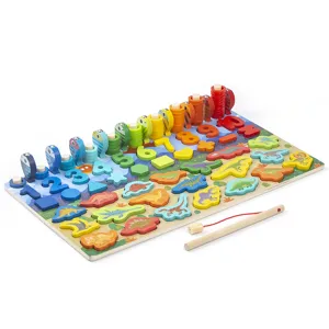 Houten educatief visspeelgoed met dinosaurussen, multifunctioneel reken- en telbord.