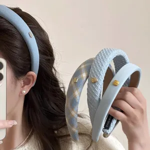 Damen Blau Hoher Schädeloberteil Stirnband Süß Stoff Haarreif Mit Gold Metall Etikett Kariert Gestreift Haarschmuck Für Gesichtswaschen Alltag