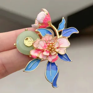 Chinese style enamel peony flower brooch elegant alloy pin for women cheongsam dress accessories