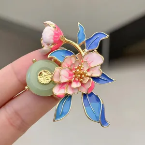 Chinese style imitation enamel peony brooch with jade-like disc, elegant hanfu accessory.