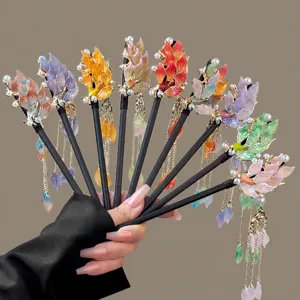 Traditional Chinese floral tassel hair stick hanfu wooden hairpin vintage hair accessories