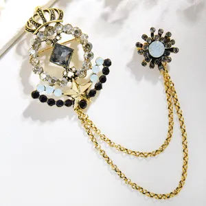 Vintage Court Style Rhinestone Crown Chain Brooch Baroque Luxury Dress Corsage Pin