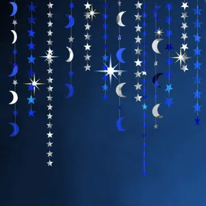 Holographic star and moon paper garland detail, perfect for party and holiday decorations.