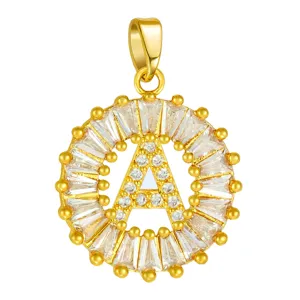 Gold-plated brass round alphabet letter A pendant sparkling with micro-pave cubic zirconia stones.