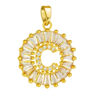 Gold-plated copper micro-pave cubic zirconia round letter C pendant necklace accessory.
