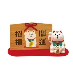 Japanese miniature lucky cat resin desk ornament set with wooden plaque for good luck.