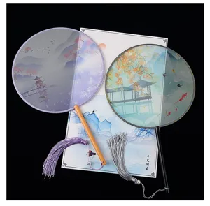 Traditional Chinese round fan with wooden handle tassel antique style dance fan hanfu props