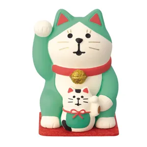 Miniature green lucky cat resin desktop ornament detail view for home office decor.