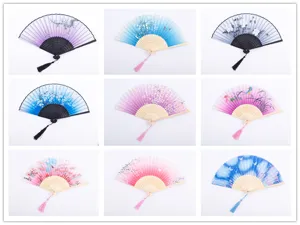 Chinese style folding silk fan with tassel retro vintage floral hand fan for women Qipao props