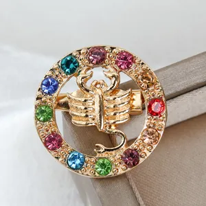 Primo piano dettagliato di una spilla zodiacale Scorpione dorata con strass di cristallo.