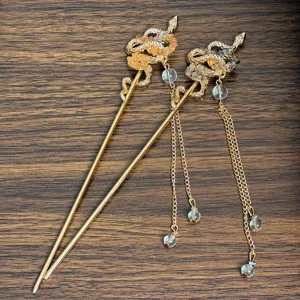 Pic à Cheveux en Style Néo-Chinois Serpent avec Long Gland et Strass Vintage Hanfu Fourchette à Cheveux pour Femme Bijoux
