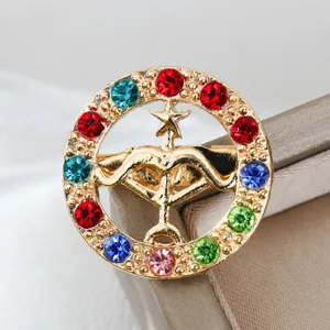 Dettaglio della spilla con segno zodiacale Sagittario in metallo dorato e strass colorati.