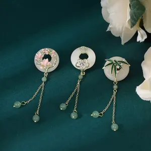 New Chinese Style Brooch Peace Buckle Enamel Bamboo Flower Tassel Pin For Women Cheongsam Hanfu Accessory Vintage Jewelry