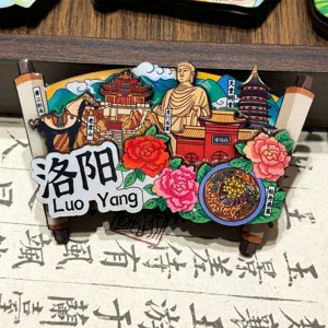 Aimant de réfrigérateur souvenir de Luoyang, art de voyage décoratif en résine époxy et bois.