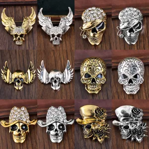 Halloween Gothic Zinc Alloy Skull Brooch Pin For Women Men Retro Rhinestone Inlaid Cowboy Hat Rose Skull Wings Brooch Pin Party Gift