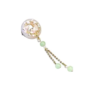 Chinese vintage cheongsam brooch, safety buckle pin with floral charm and green tassel chains.