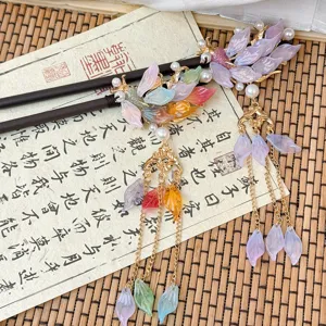 Traditional Chinese style flower tassel hair stick elegant wooden hairpin hanfu hair accessories
