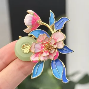 Elegant Chinese style enamel peony flower brooch with jade ring vintage corsage pin accessory