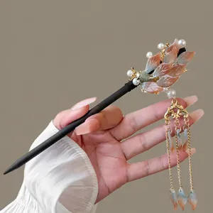 Handmade wooden hair stick with floral tassel, exquisite detail view for hanfu accessory.