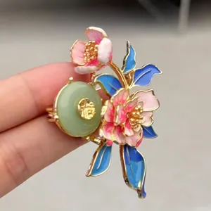 Exquisite Chinese style peony brooch with imitation enamel, pink flowers and blue leaves accessory.