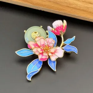 Chinese style enamel peony flower brooch vintage jade pin elegant women clothing accessories