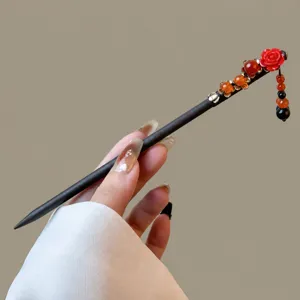 Traditional Chinese wooden hairpin with red rose and tassel beads elegant retro hair accessory