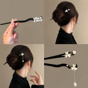 Vintage Chinese Style Wooden Hair Stick Handmade Flower Tassel Hairpin Traditional Hanfu Hair Accessories For Women Jewelry