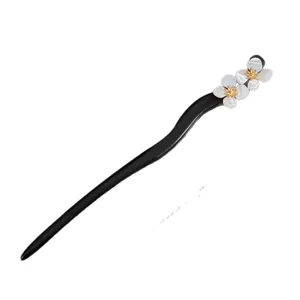 Chinese style black wooden hair stick with elegant mother of pearl flower for elegant hanfu.